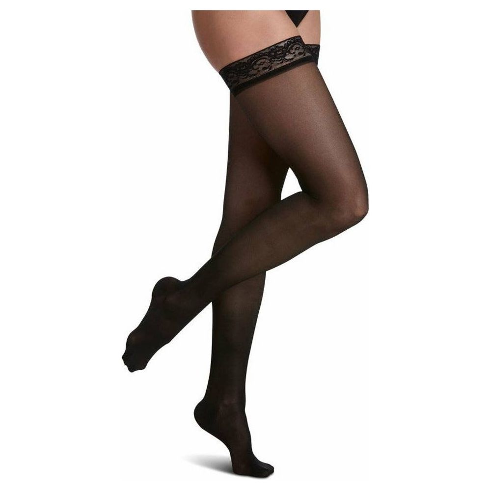 Sigvaris Womens Sheer Fashion Thigh High Compression Stockings 15-20 mmHg Black