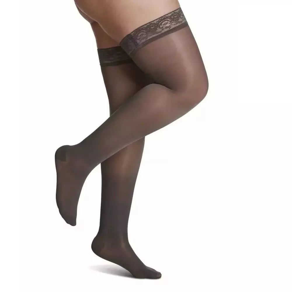 Sigvarus Womens Sheer Fashion Thigh High Compression Stockings 15-20 mmHg Charcoal