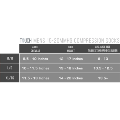 Touch Men's Intelligent Rib Pattern 15-20 mmHg Size Chart